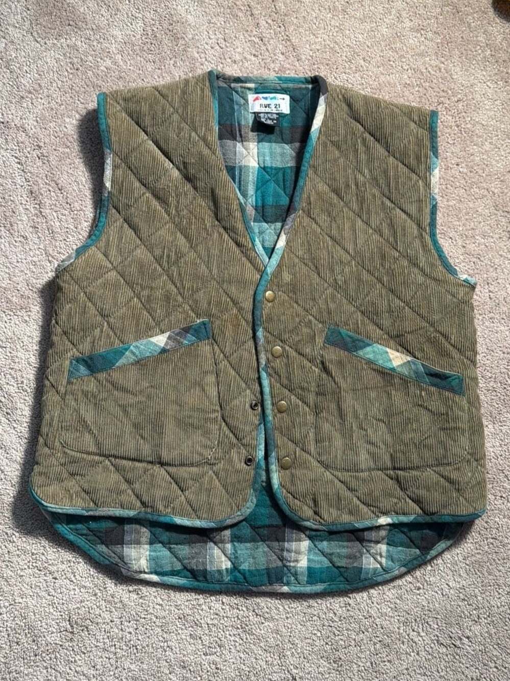 Rue 21 Vintage Style Olive Corduroy Quilted Plaid Vest